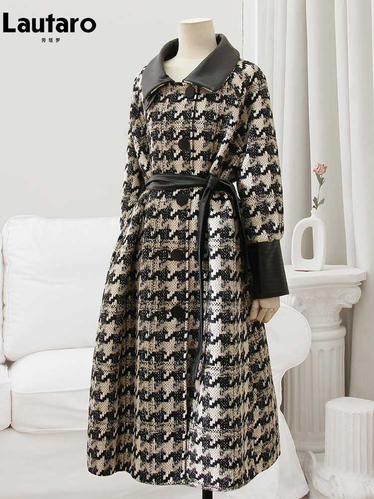 Lautaro Autunno Inverno Lungo Nero Pu Pelle Patchwork Tweed Cappotto di Lana Delle Donne Allentato Casual Caldo di Lusso Abiti di Designer 2022