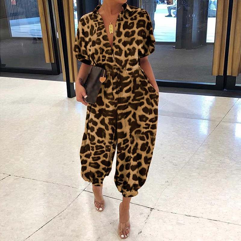 Mono con estampado de leopardo para mujer, novedad de verano 2023, monos informales de manga corta con cordones y bolsillos, monos Vintage a la moda para mujer