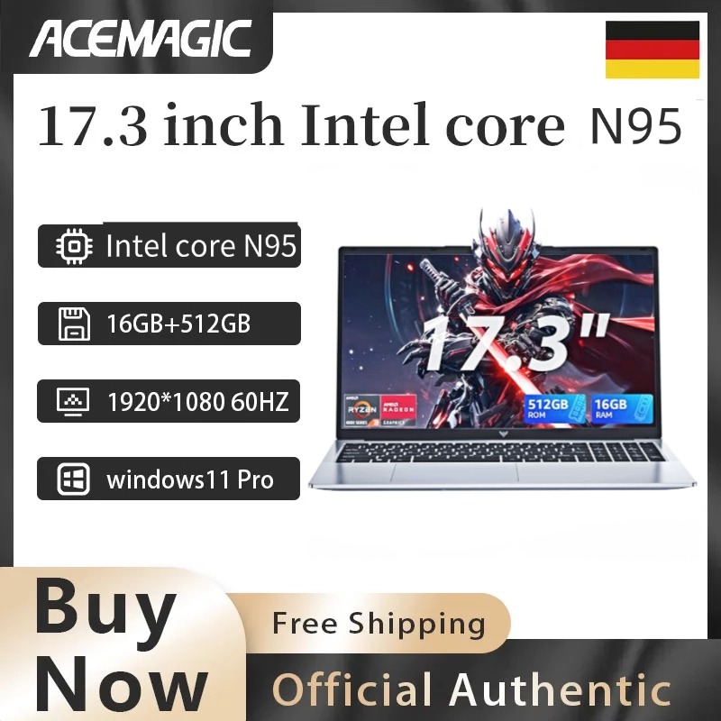ACEMAGIC Portátil de Pantalla Grande de 17.3 Pulgadas, Intel N95, 16GB DDR4 RAM, 512GB SSD, Windows 11, 3.6GHz Turbo, Portátil Ligero