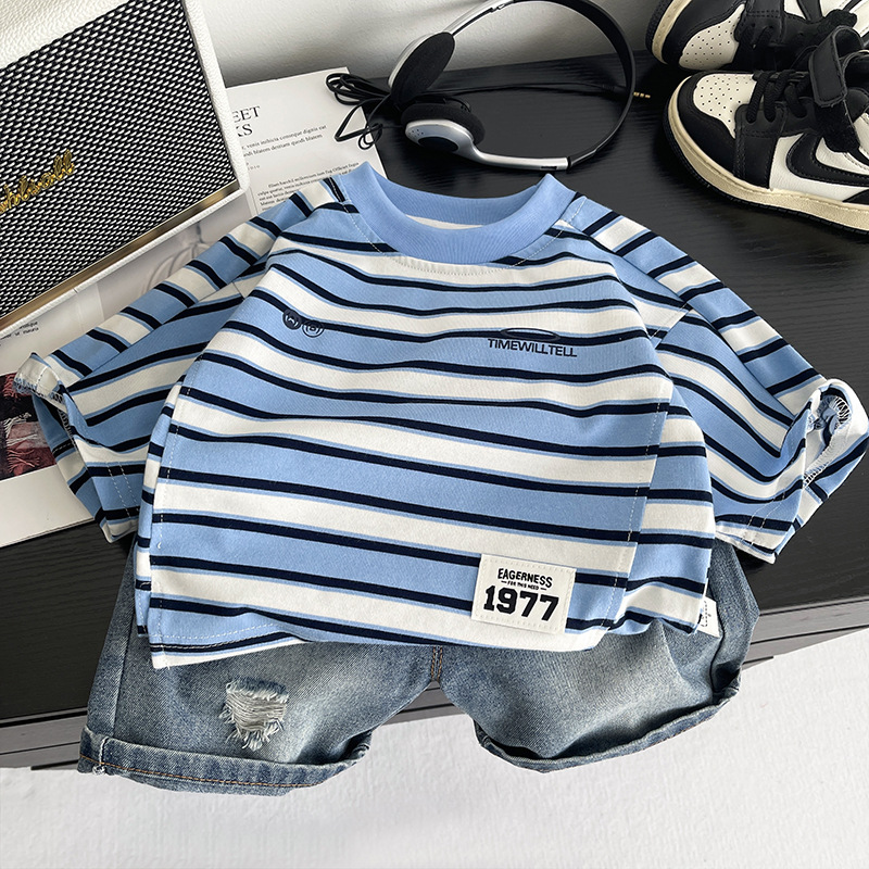 Ropa de verano para niños, camiseta informal a rayas, pantalones cortos, 2 unidades/conjunto, ropa para bebés y niñas, traje para niños