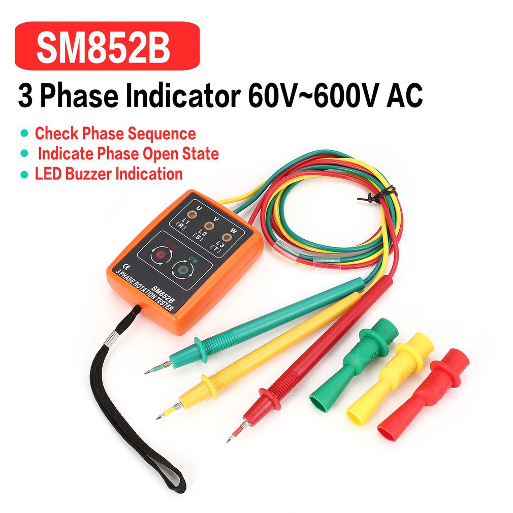 Probador de rotación trifásica SM852B, Detector de indicador de fase Digital, LED zumbador, medidor de secuencia de fase, herramientas de probador de voltaje de 60V ~ 600V CA
