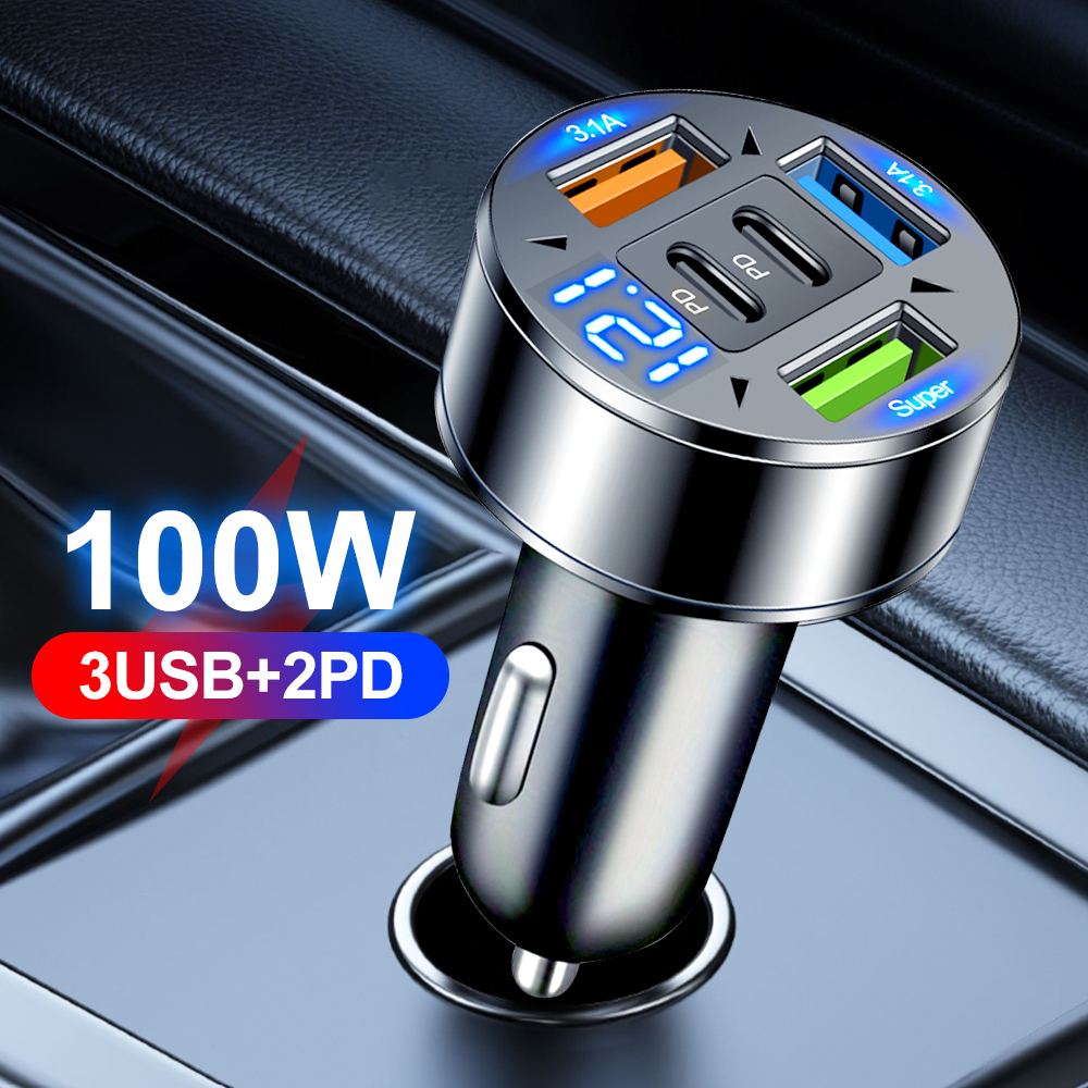 5 พอร์ต USB C ที่ชาร์จในรถยนต์ชาร์จเร็ว PD QC3.0 USB C ที่ชาร์จโทรศัพท์ในรถยนต์ประเภท C อะแดปเตอร์ในรถสำหรับไอโฟน ซัมซุง เสี่ยวมี่