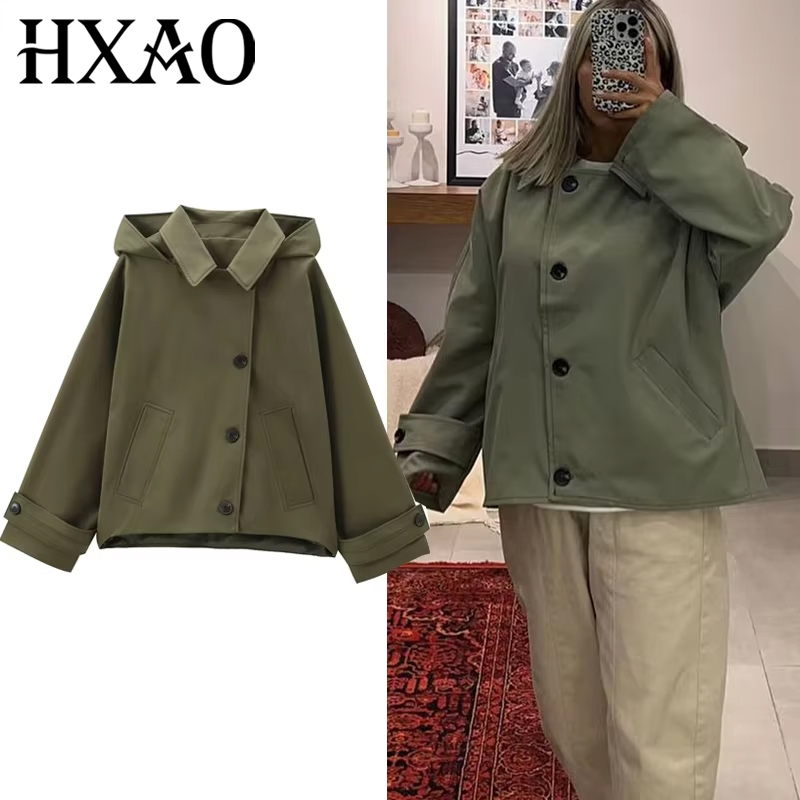 HXAO 여성용 윈드브레이커 아우터 후드 크롭 재킷 여성용 솔리드 트렌치코트 가을 긴팔 데미시즌 캐주얼 코트