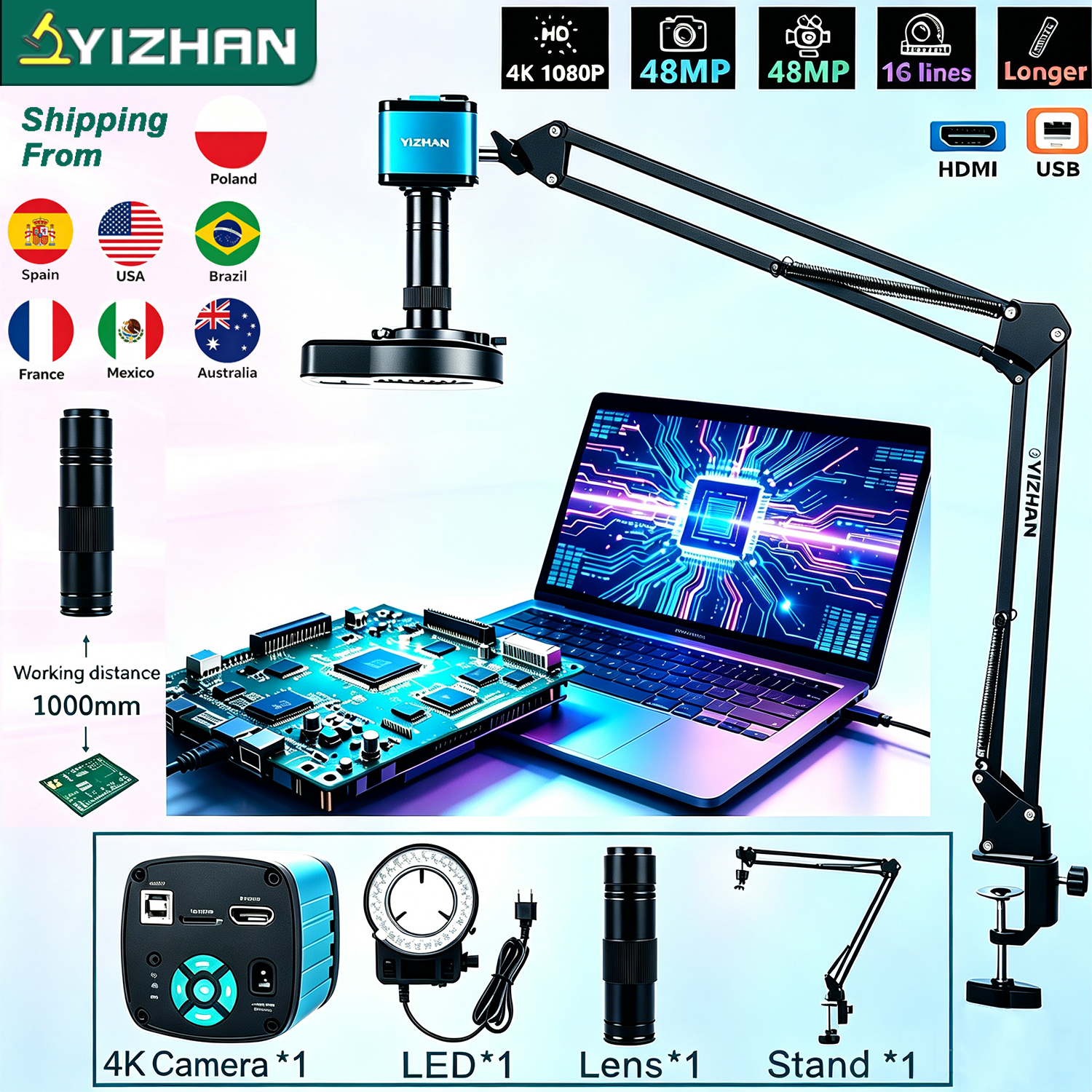Yizhan 4K Microscope Numérique Électronique HD pour Soudure Caméra de Microscope HDMI/USB/VGA Objectif 150X Grande Vision, Distance de Travail 5-100cm, Bras Articulé Flexible