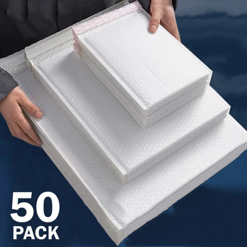 Venta al por mayor, 10-50 Uds., sobres de burbujas, bolsas de envío de espuma blanca, almohadilla de sobres de burbujas de polietileno, bolsas de embalaje autoselladas de 11cm, 15cm y 23cm