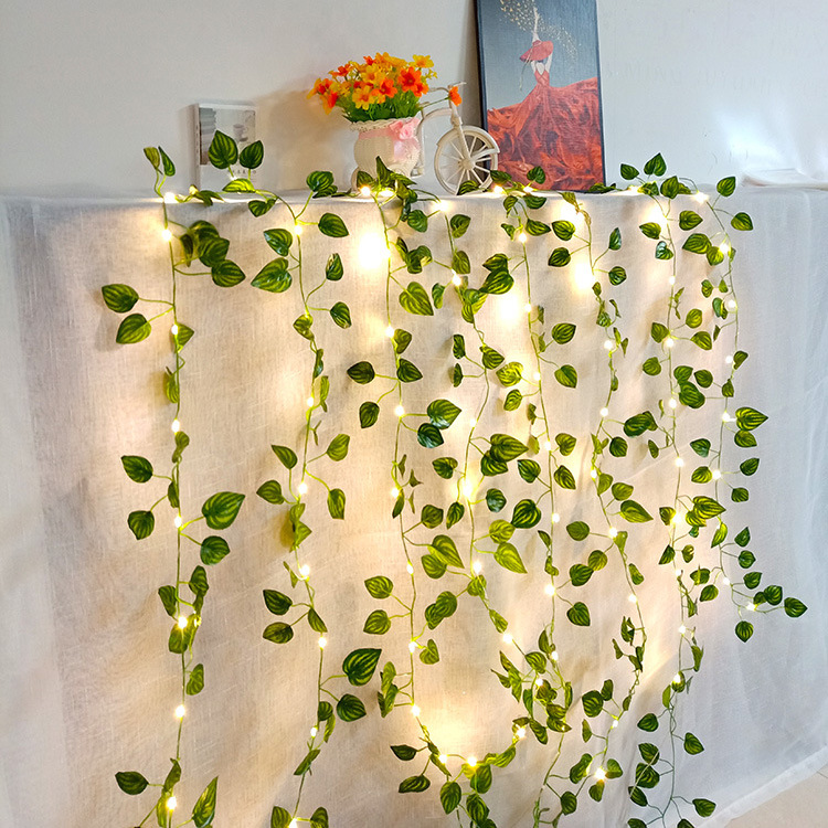 2 Meter gefälschte grüne Blatt-Efeu-Rebe mit LED-Lichtern, Schnur für Zuhause, Schlafzimmer, Dekoration, Hochzeit, leuchtende künstliche Pflanzengirlande, Heimdekoration