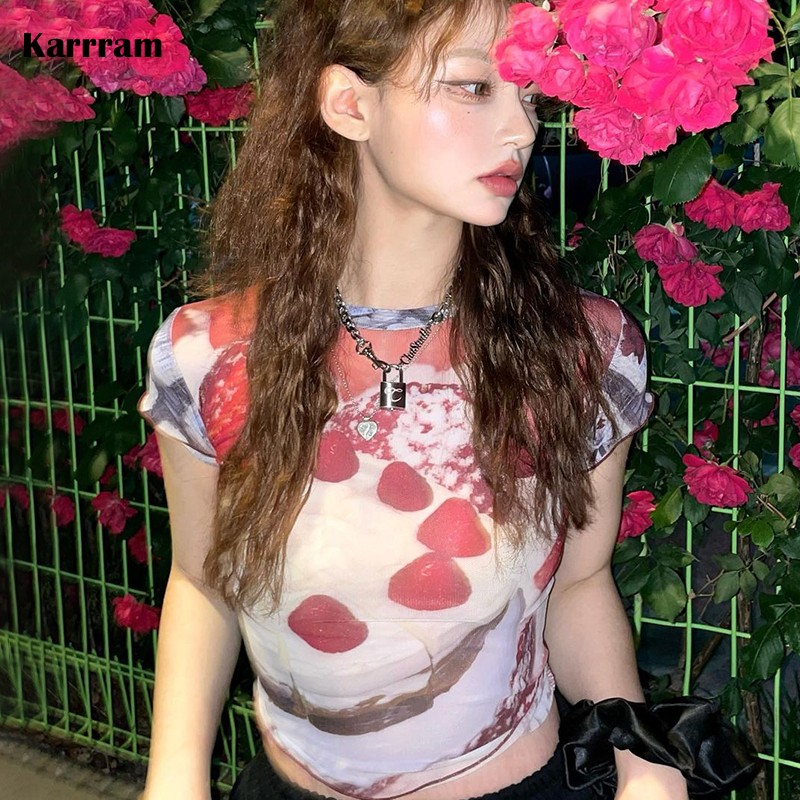 Karrram Y2k Ästhetik Mesh Tops Grunge Grafik Ernte Top koreanische Modedesigner Kleidung 1920er Jahre Harajuku schiere Top E-Girls T-Shirt
