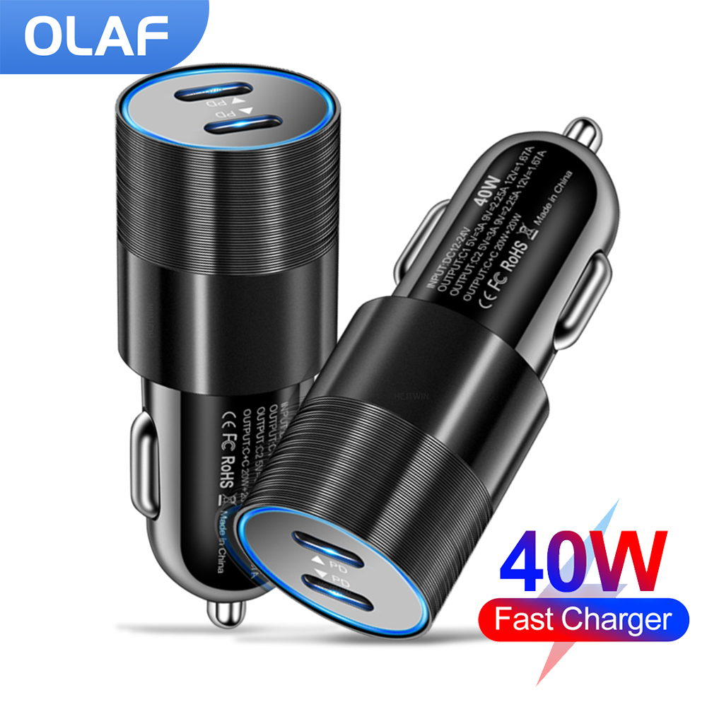 Olaf Dual USB C Car Charger 40W 2พอร์ตประเภท C PD ชาร์จโทรศัพท์มือถือสำหรับ iPhone 13 12 11 Pro Max Samsung Power อะแดปเตอร์