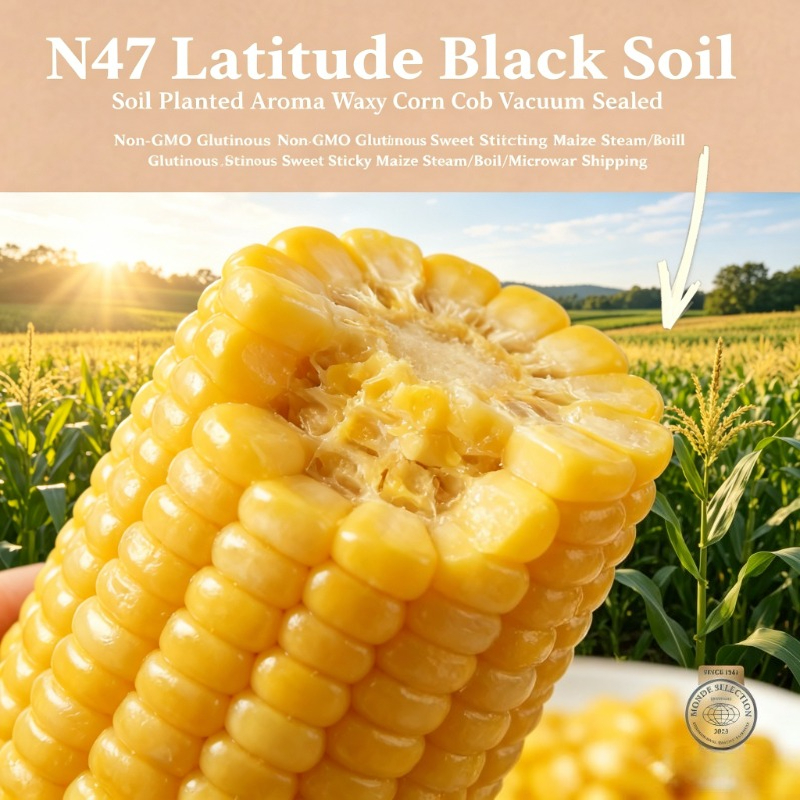 Maíz Glutinoso Dulce y Pegajoso N47 Latitude, Mazorca de Maíz Encerado de Suelo Negro, Sin OGM, Sellado al Vacío, para Cocinar al Vapor, Microondas, Parrilla, BBQ, Snack