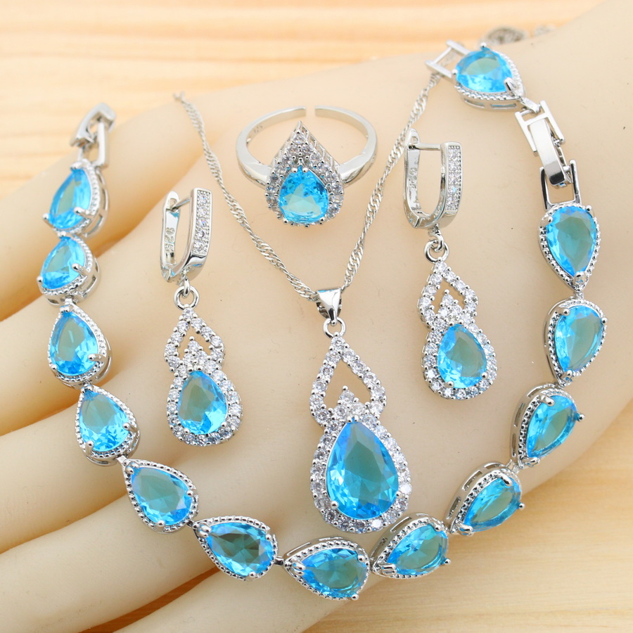 Ensembles de bijoux en argent 925 pour femmes, boucles d'oreilles, collier, pendentif, bague, bracelet, cadeau de mariage, goutte d'eau bleu ciel, mode, contre-indiqué, cone