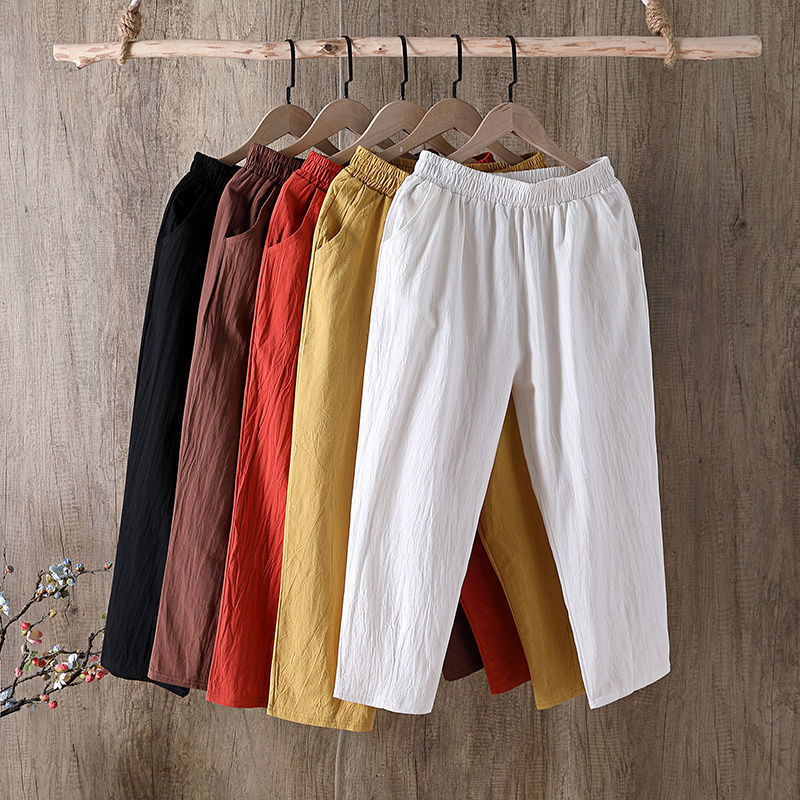 Calças Femininas Casuais de Verão Soltas Estilo Harem com Cintura Elástica em Algodão e Linho, Comprimento 7/8