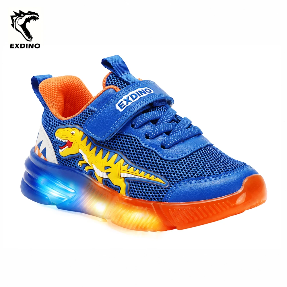 EXDINO Dinosaur Light Up Toddler Little Kids Shoes Mesh Breathable LED Flashing for Boys Non-slip Soft Lining Sports Sneakers