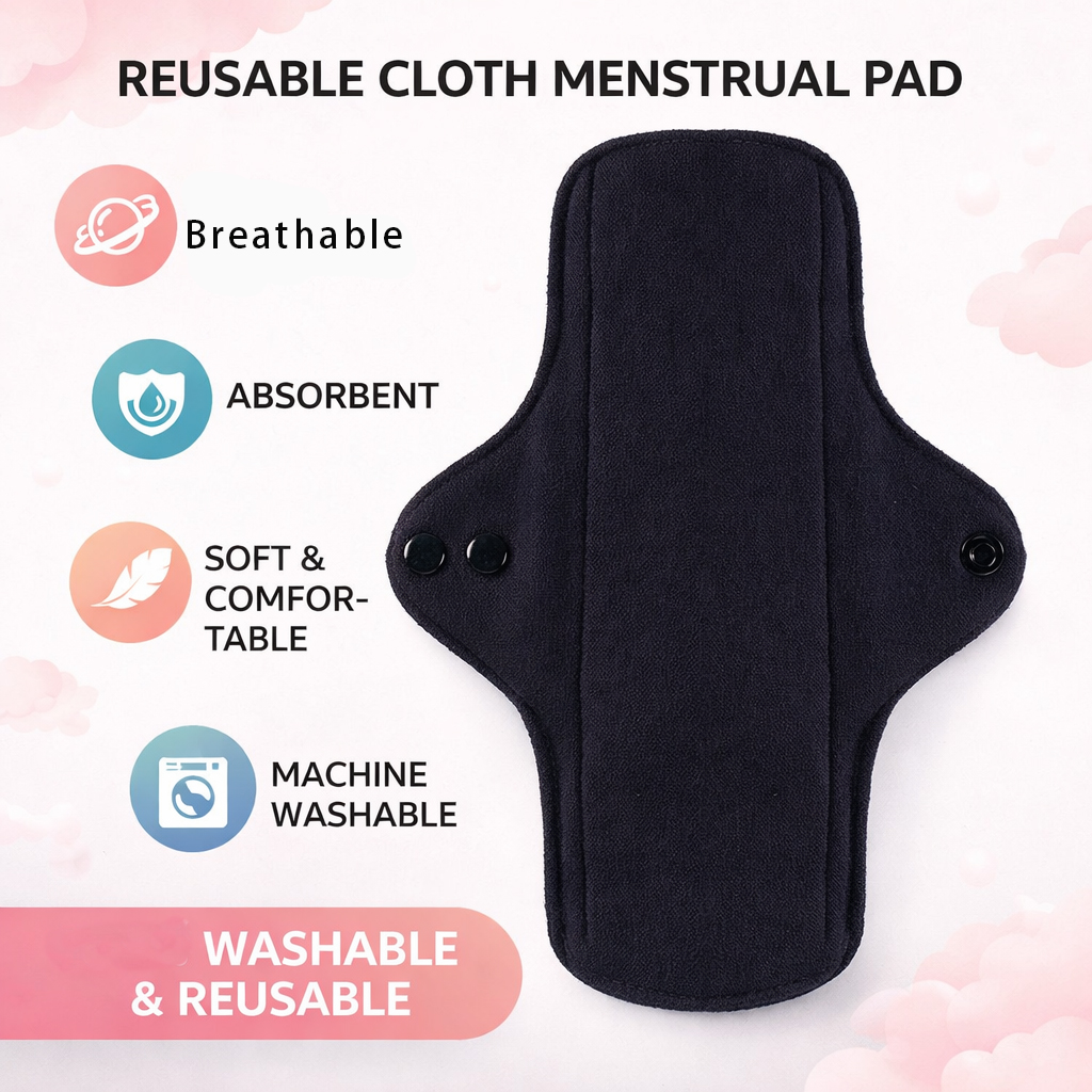 5 Peças de Absorventes de Algodão Reutilizáveis e Laváveis, Absorventes Menstruais Pretos para Uso Diário, Toalhas Sanitárias de Algodão Pretas para Mulheres