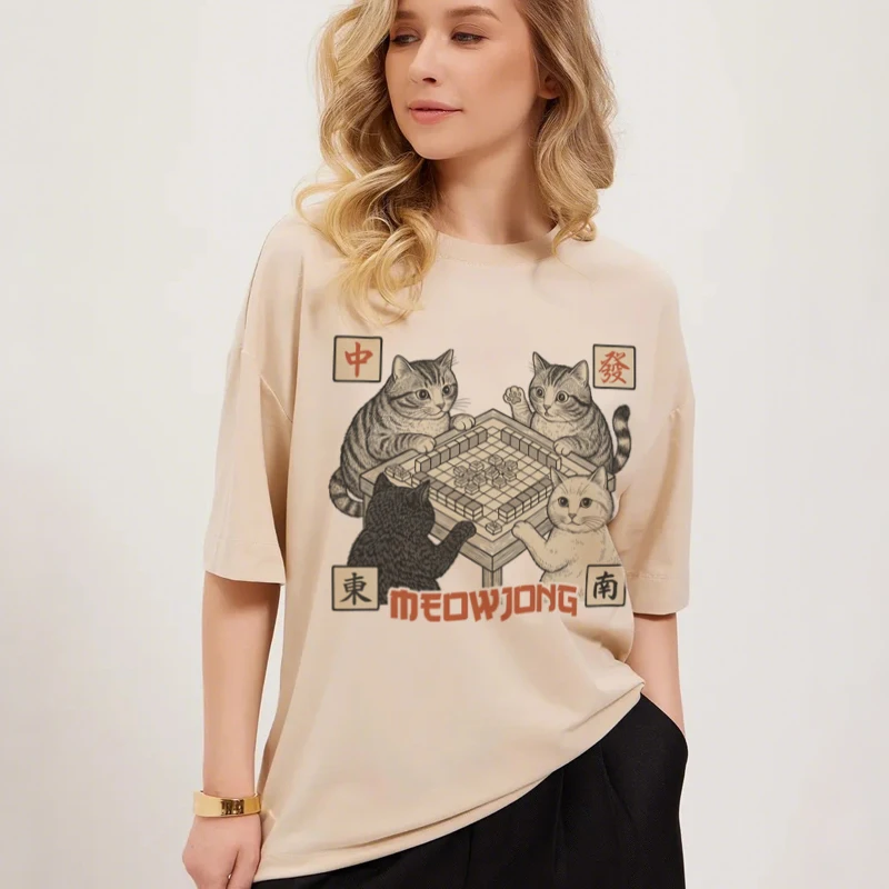 Meowjong grappige meme kitten T-shirts voor vrouwen schattig kattenliefhebber shirt losse retro Mahjong grafische T-shirts unisex coole T-shirts cadeau