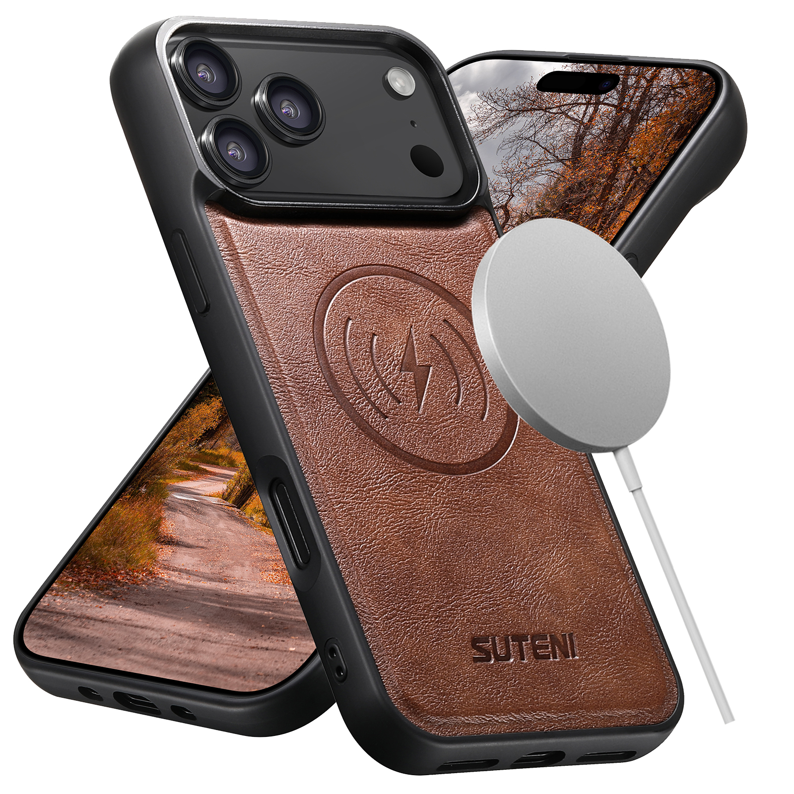 SUTENI Custodia per telefono con ricarica wireless con magnete in ecopelle satinata per iPhone 17 Pro Max 16 Plus 15 14 13 12