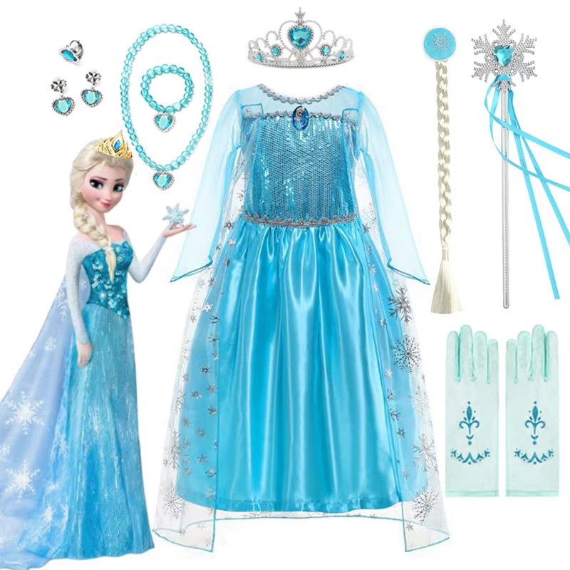 Vestido de princesa Elsa de Disney para niñas, disfraz de cumpleaños de manga larga para niños, disfraz de Frozen, disfraz de fiesta de Carnaval elegante 2025