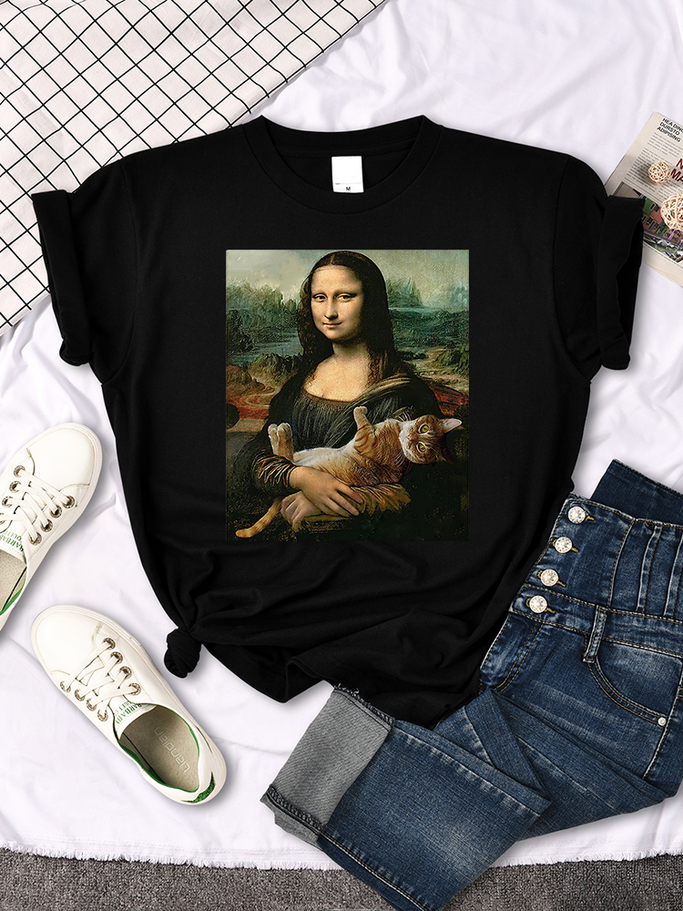 Camisetas Mona Lisa Abraçando Gato Adorável Bonito Estampado Camiseta Para Mulheres Crewneck Gótico Camiseta Feminina Casual Camisetas Oversize