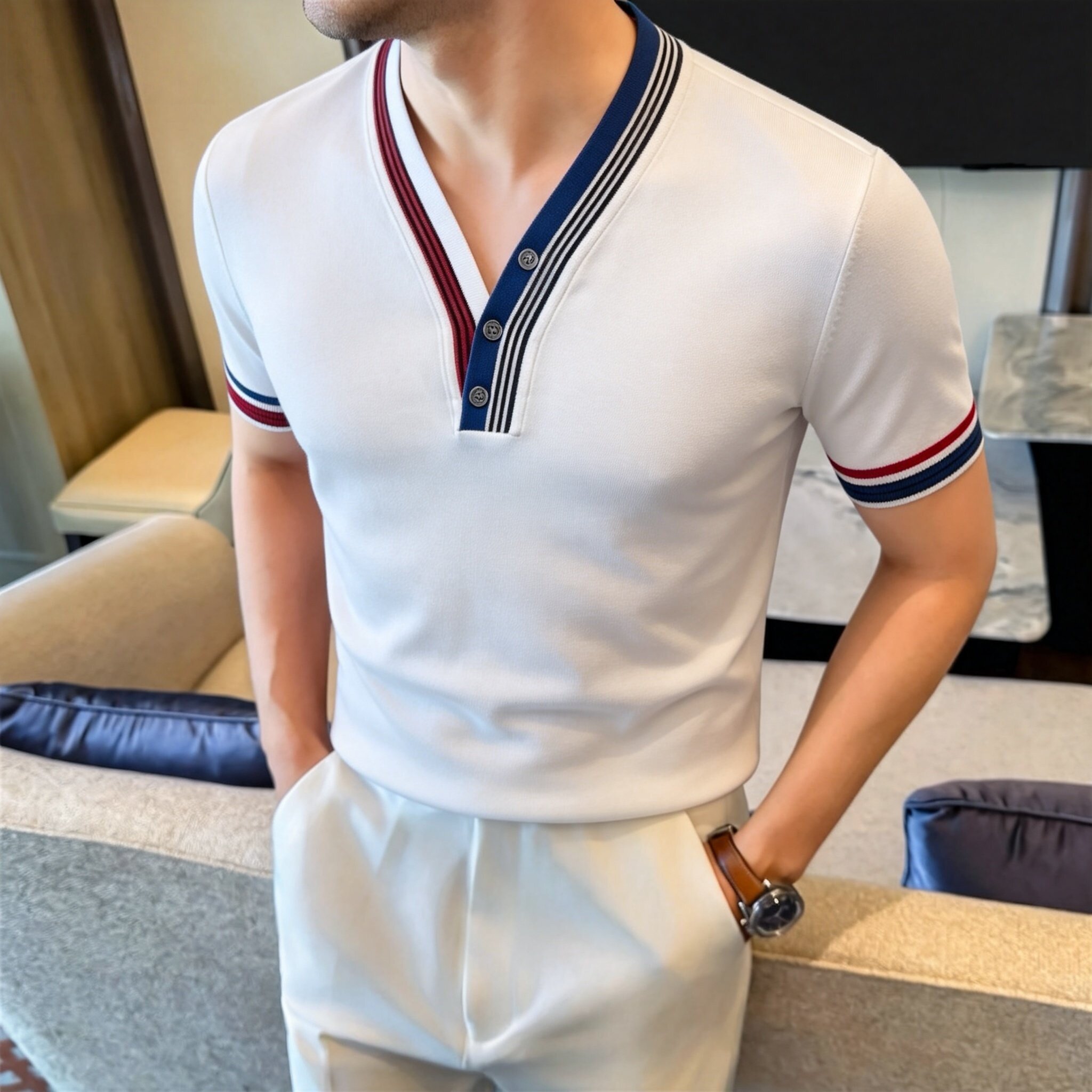 Gestricktes V-Ausschnitt-T-Shirt im britischen Stil für Herren, Sommer, kurzärmelig, gestreift, aus Eisseide, lässige T-Shirts, vielseitiges Business- und Social-Top