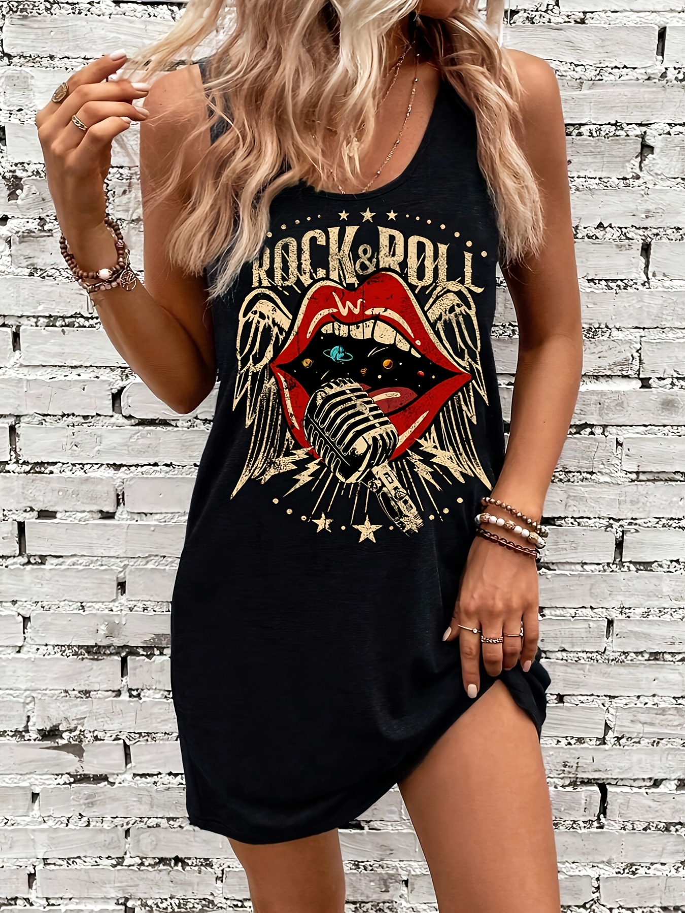 Vestido feminino preto para dormir, lábios vermelhos, regata preta, verão, sem mangas, solto e confortável, macio, férias, punk