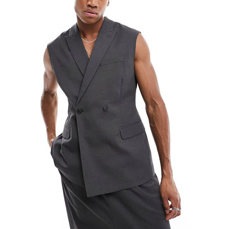 Moda de Verão: Conjunto Masculino de Colete e Calça Cinza Escuro, Colete de 2 Peças com Lapela Pontiaguda e Abotoamento Duplo, Roupa Masculina de Alfaiataria