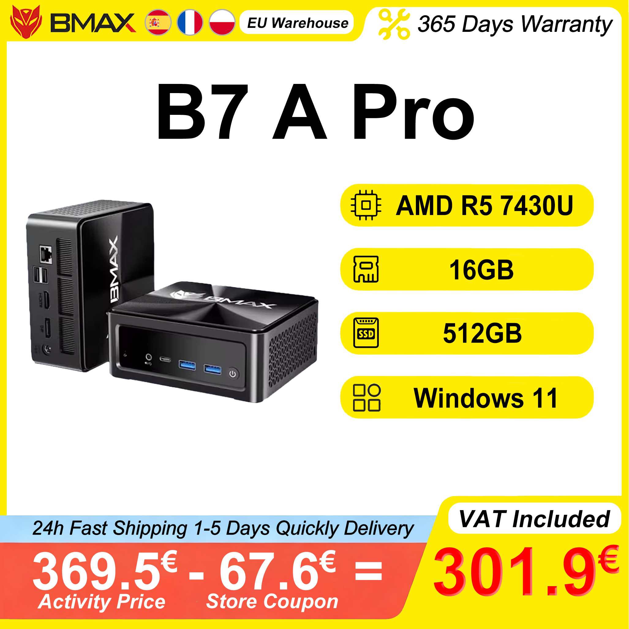 BMAX B7 A Pro Mini PC DDR4 16GB RAM 512GB ROM AMD Ryzen 5 7430U Ondersteunt 4K bij 60Hz Windows 11 Wi-Fi 6