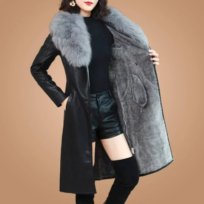 Wtempo-女性用の大きな革の襟付きジャケット,豪華な服,厚手,ミドル丈,痩身,ウエストを閉じる,韓国,冬
