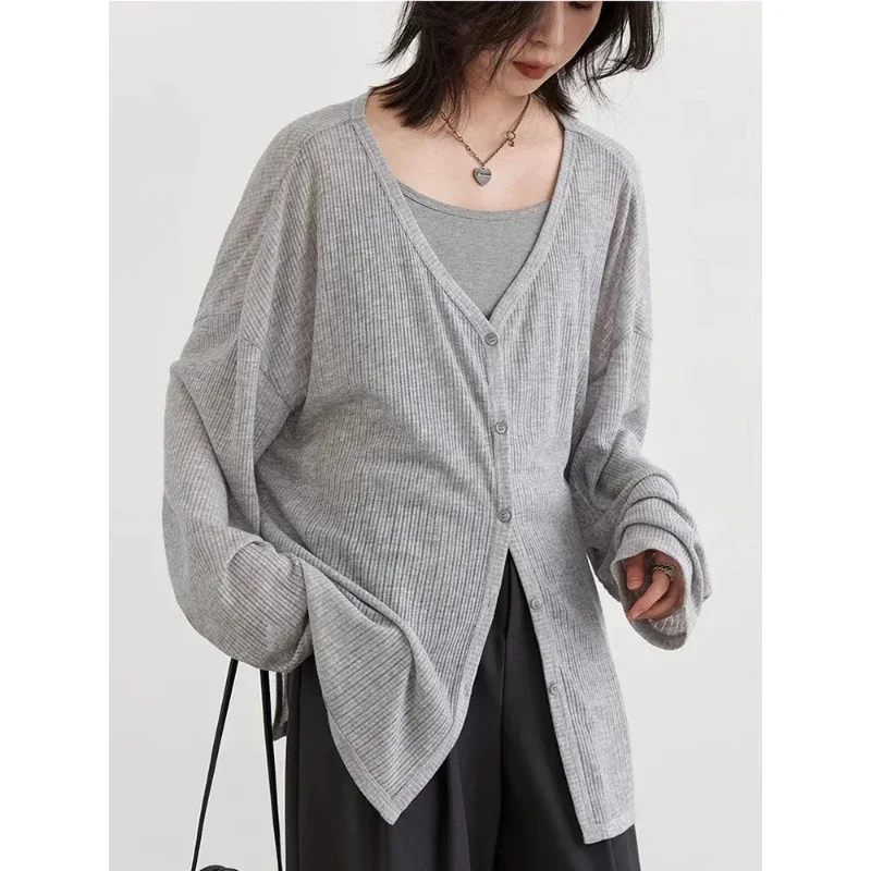 Cardigan feminino de manga comprida com decote em v, proteção solar, malhas leves, primavera verão , roupa de praia casual, cardigã de malha