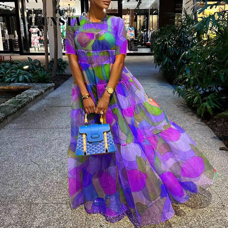 2023 nuevo estilo bohemio vestido de mujer Casual Vintage patrón de costura impreso Maxi vestido de señora de manga corta de cintura alta vestidos sueltos