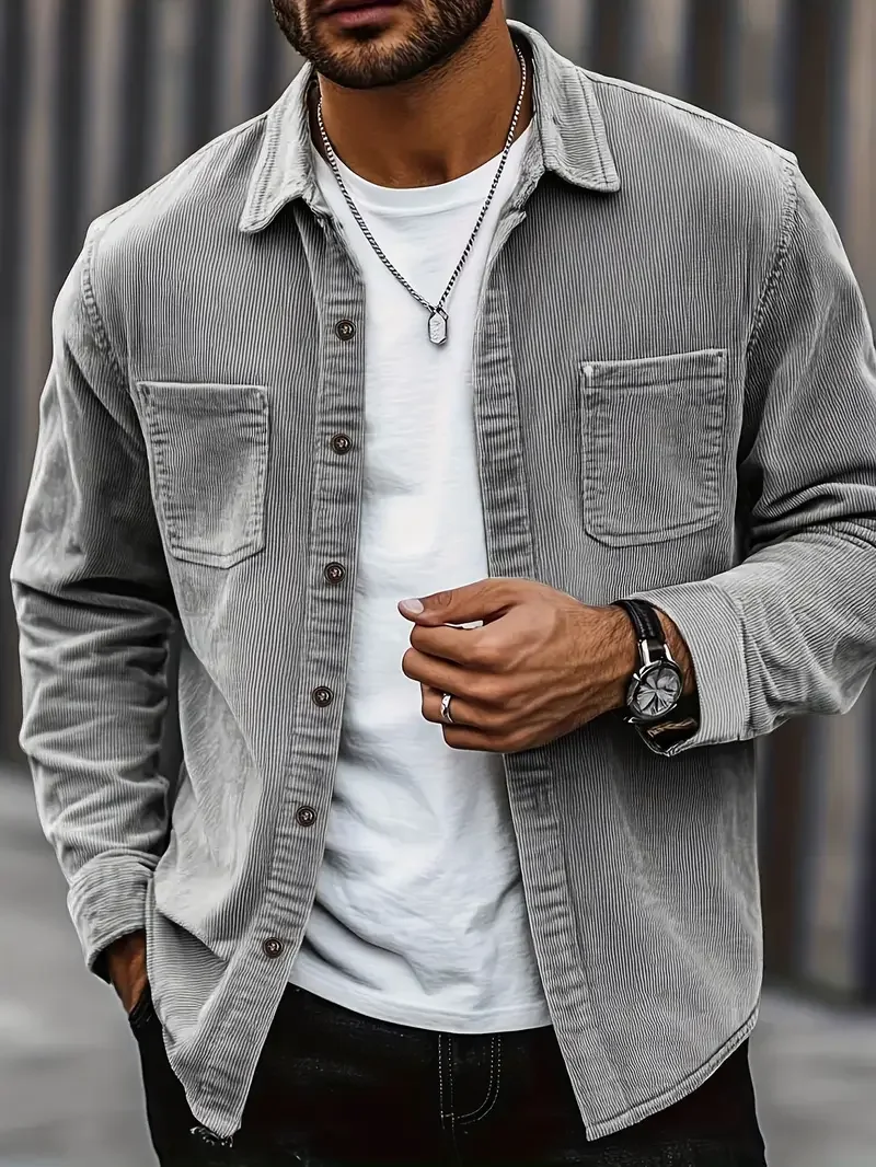 Chaqueta de camisa de pana de moda para hombre Primavera Otoño Estilo vintage de Hong Kong Ropa de abrigo de moda para caballeros