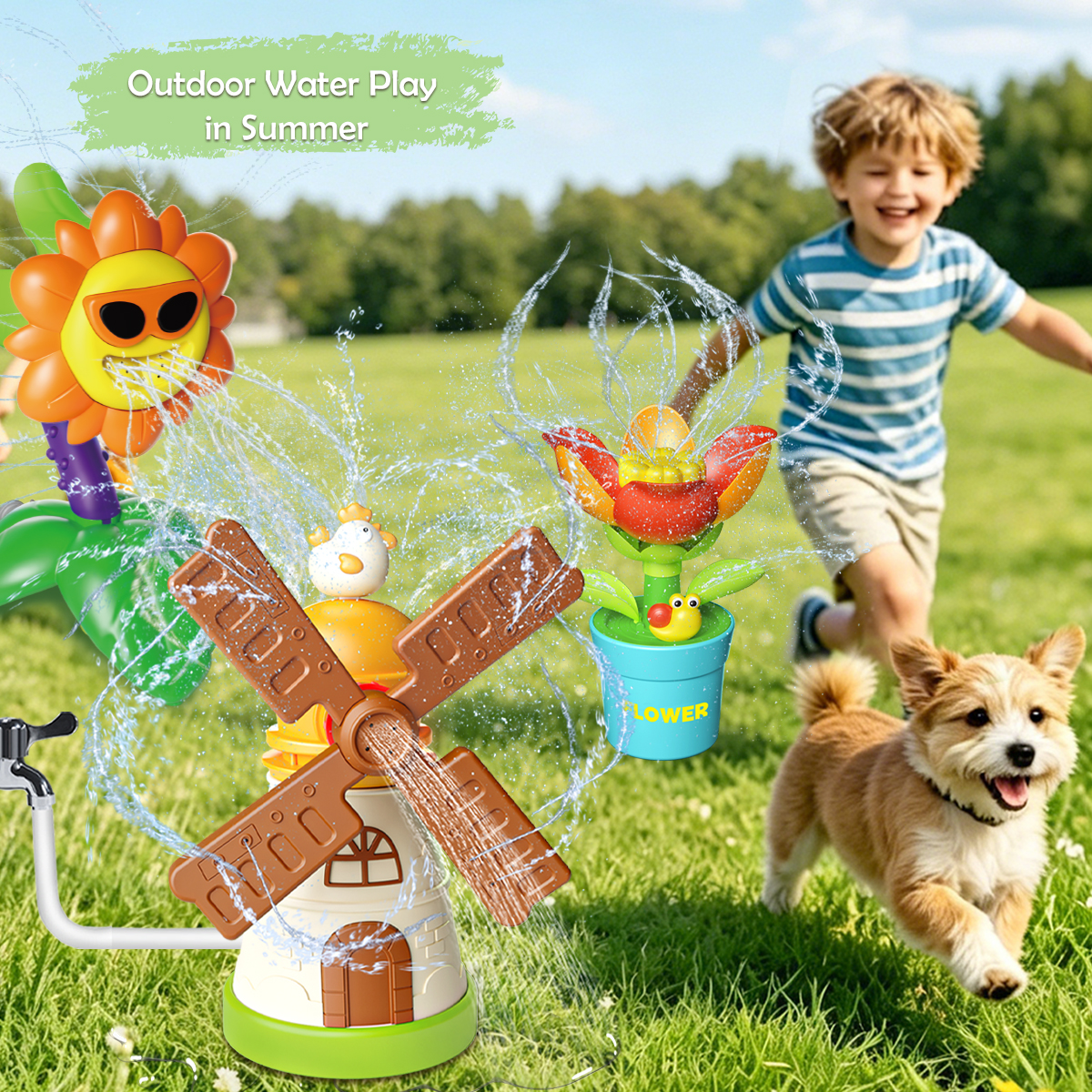 Juguete de Rociador de Agua para Niños, Aspersor Giratorio de Verano para Exteriores, Maceta con Forma de Girasol, Regalos de Juego Acuático