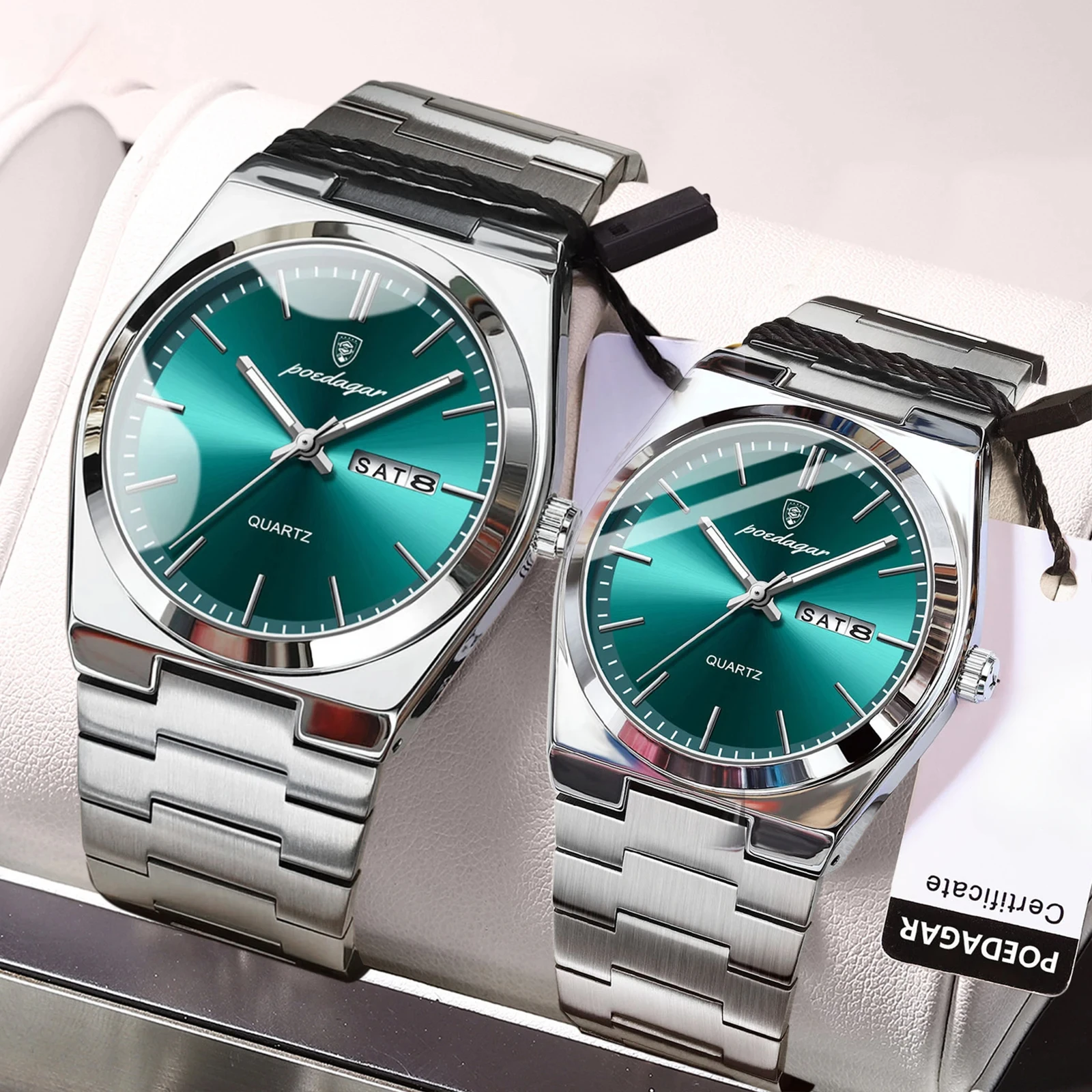 Poedagar casal relógios tendência da moda relógio de quartzo original para amante à prova dwaterproof água luminosa data semana relógio de pulso masculino e feminino