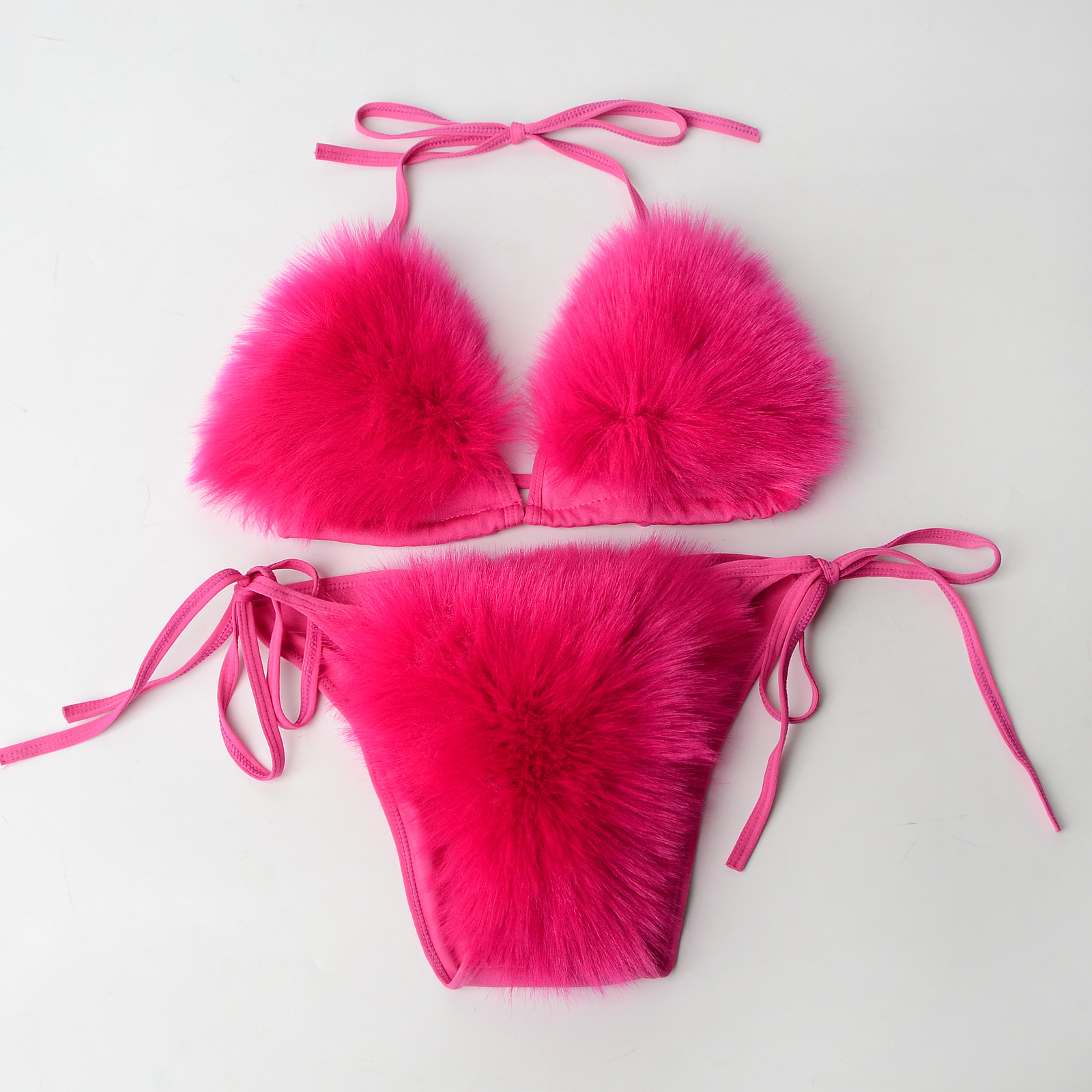 Zomer Vrouwen Nep Vossenbont Sexy Halter Effen Kleur Bikini Set Badpakken Driehoek Sexy Bikini Set Nepbont Badpak Pluche Badmode