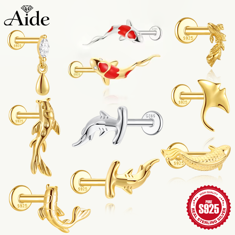 AIDE 1 шт. стерлингового серебра 925 пробы Lucky Red Koi серьги для пирсинга для женщин геометрическая цепочка циркон серьги-гвоздики из ушной кости ювелирные изделия