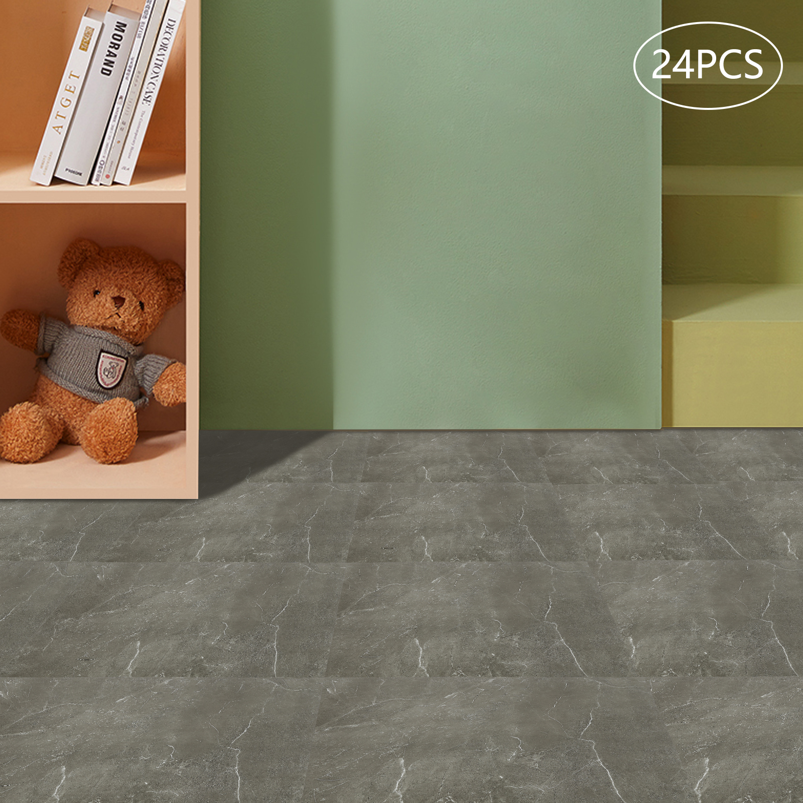 Revestimientos de Suelo Autoadhesivos de 23.62*11.81 Pulgadas, 24 Piezas de Baldosas de PVC con Aspecto de Piedra y Papel Protector