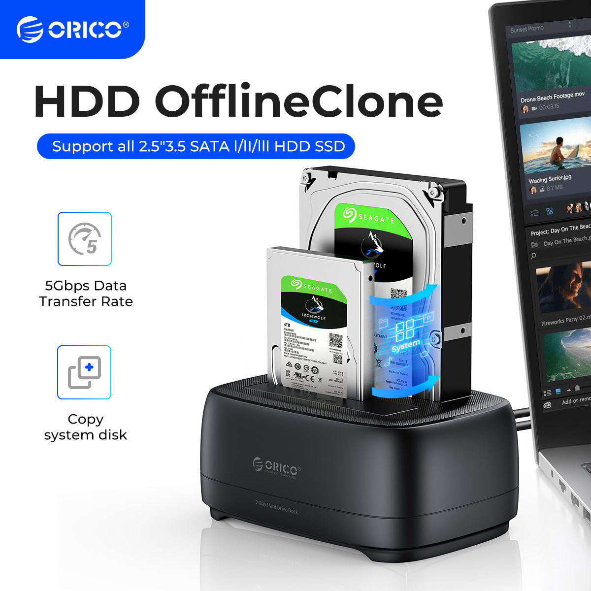 ORICO Station d'accueil pour disque dur Clone hors ligne USB3.0 et type-c 5Gbps boîtier pour disque dur double baie 2.5/3.5 pouces HDD/SSD