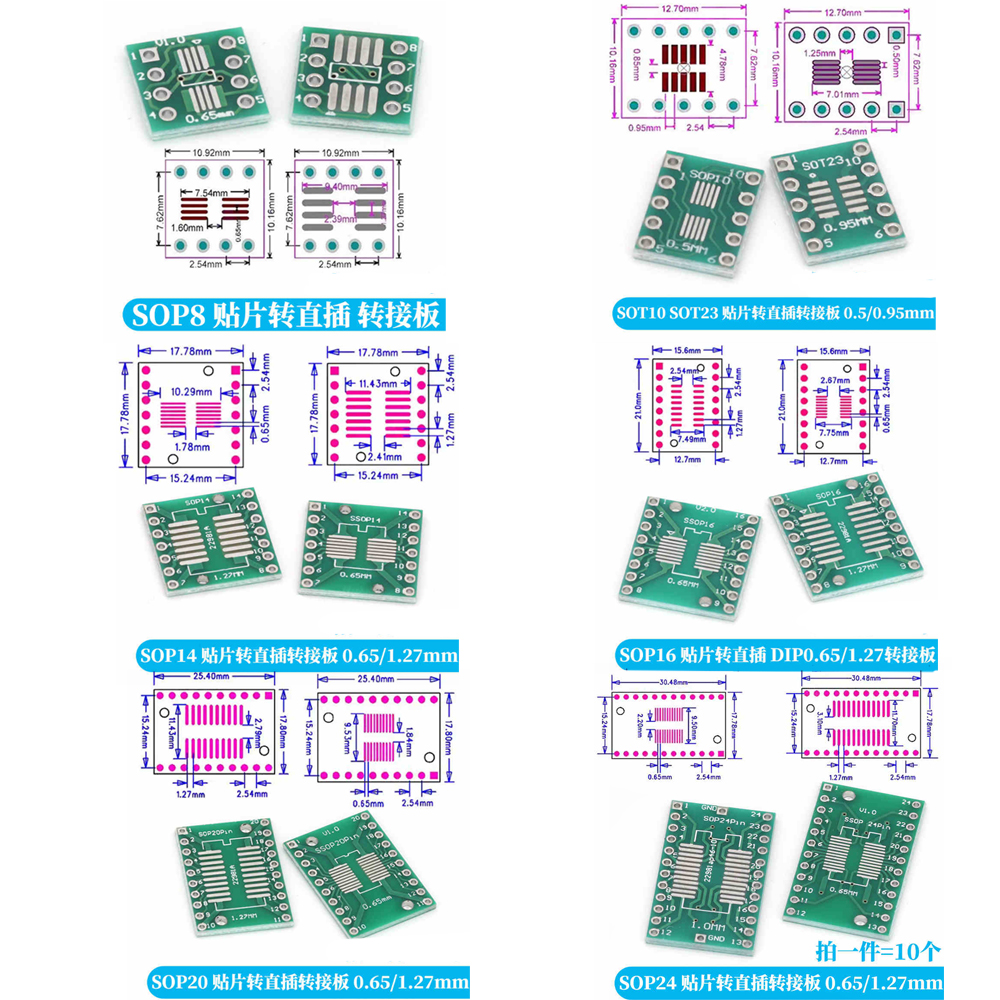 10-100 peças kit de placa pcb javino smd virar para dip adaptador conversor placa sop msop ssop tssop sot23 8 10 14 16 20 28 smt para dip