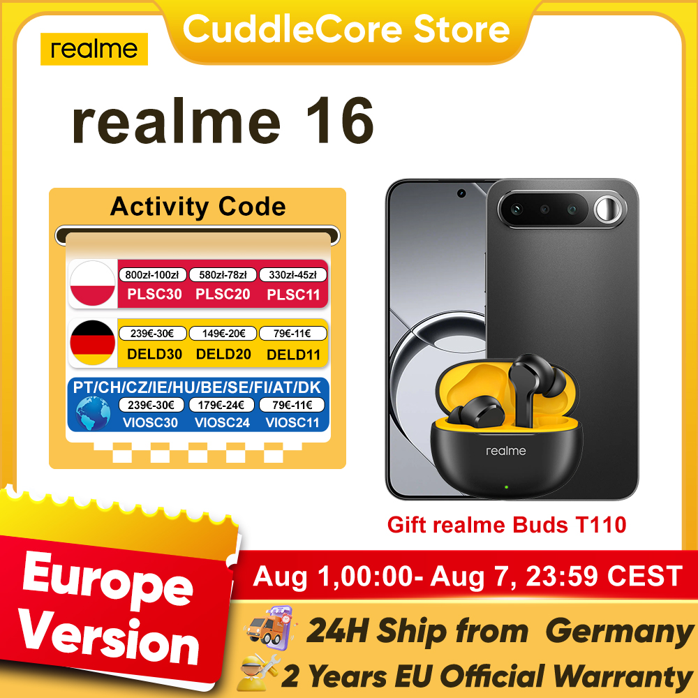 Nuevo realme 16 5G 2026, Versión Europea, Chip MediaTek Dimensity 6400 Turbo, Pantalla AMOLED de 6.57" y 120Hz, Batería Titan de 6550 mAh, Carga Rápida de 45W, IP69