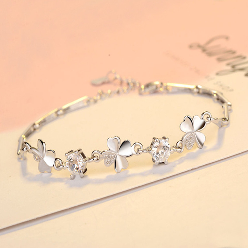 Pulsera de plata de ley 925 con forma de trébol de la suerte y circonita, cadena de cristales para mujer, regalo de San Valentín, joyería bonita para fiesta de boda, 20cm