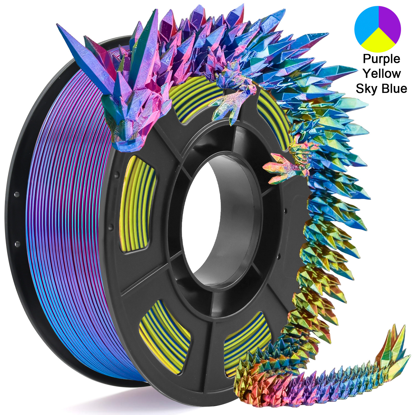 Filamento de impresora 3D PLA de seda tricolor, filamento de impresión 3D multicolor de 1,75 mm, filamento morado, azul cielo y amarillo, 250 g (0,55 lb)