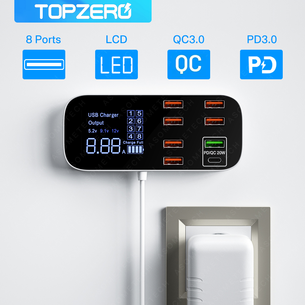 Cargador Rápido de Pared USB de 40W y 8 Puertos, QC3.0, USB C Tipo C, PD, Estación de Carga Rápida, Portátil, para Viajes, para iPhone 17, Samsung