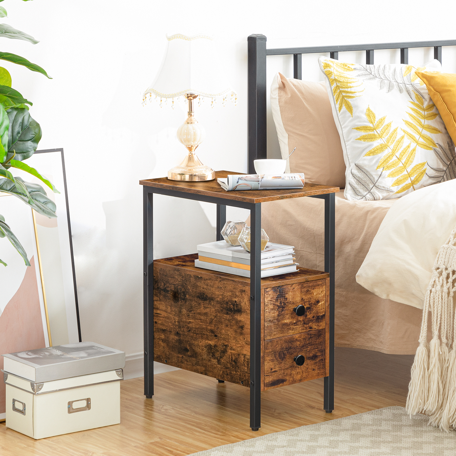 HOOBRO-mesita de noche para espacios pequeños, mueble de madera con cajón y estante de almacenamiento abierto