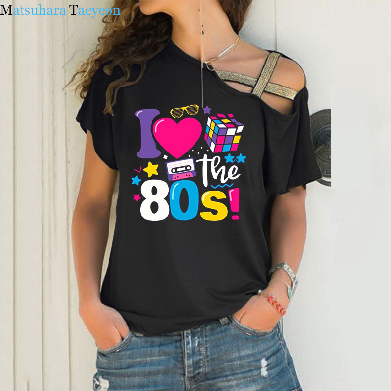 Camiseta I Love The 80 para mujer, camisetas Vintage divertidas de fiesta, camisetas y camisetas del mejor regalo, camisetas informales irregulares con vendaje cruzado