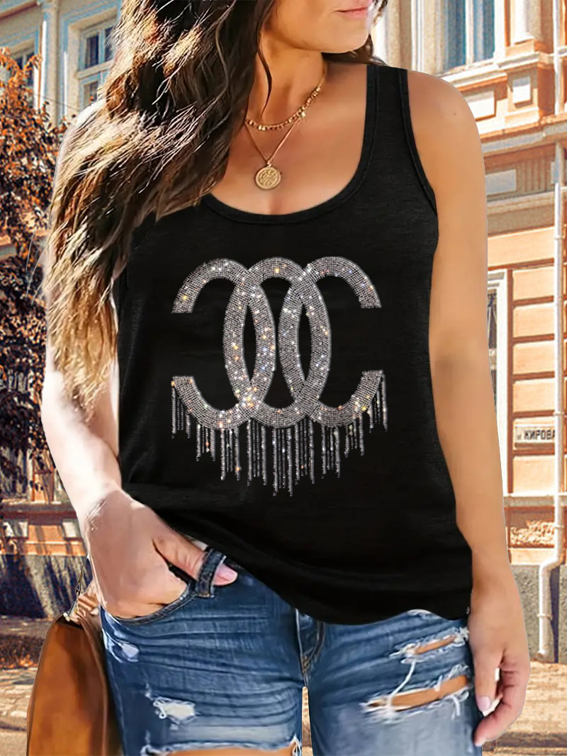 L-5XL camisetas sin mangas de gran tamaño para mujer, camisola elástica holgada sin mangas con lentejuelas, ropa de verano, chaleco negro de talla grande a la moda