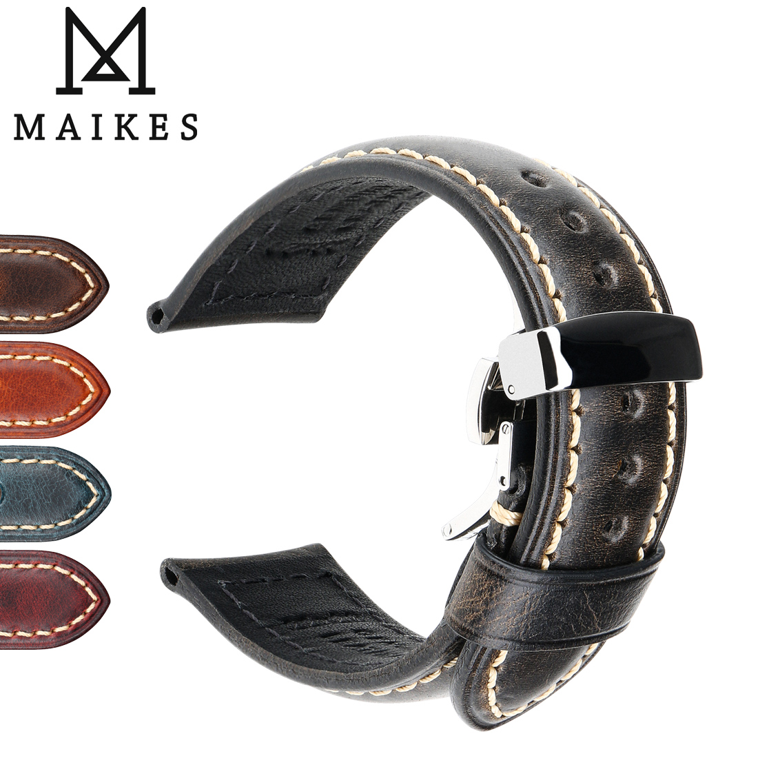 Maikes bracelet de montre fait à la main 20mm 22mm 24mm bracelet de montre en cuir véritable Vintage avec boucle papillon bracelet de montre intelligent pour Panerai
