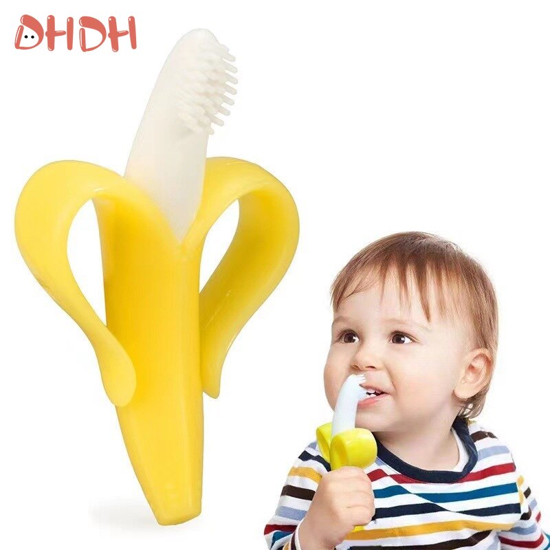 Bezpieczny gryzak dla niemowląt w kształcie banana, silikonowa szczoteczka do zębów do nauki samodzielnego czyszczenia zębów, bez BPA, silikonowy pierścień do gryzienia w kształcie banana, pielęgnacja zębów.