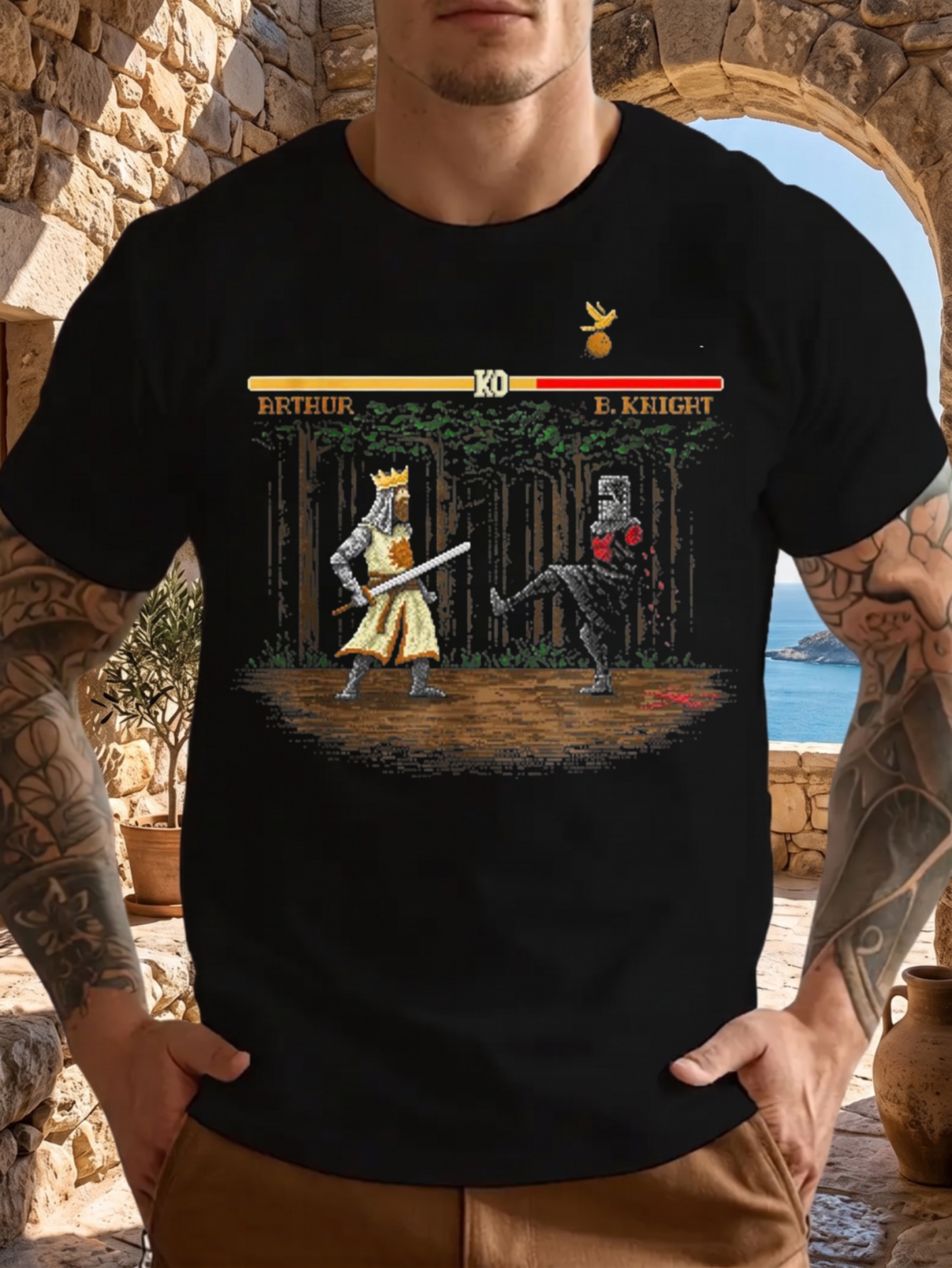 1 szt. Zabawna koszulka z krótkim rękawem, 100% bawełna, z grafiką pixel art przedstawiającą scenerię bitwy rycerskiej, idealna na prezent, z okrągłym dekoltem, odpowiednia do noszenia na co dzień i na zewnątrz.