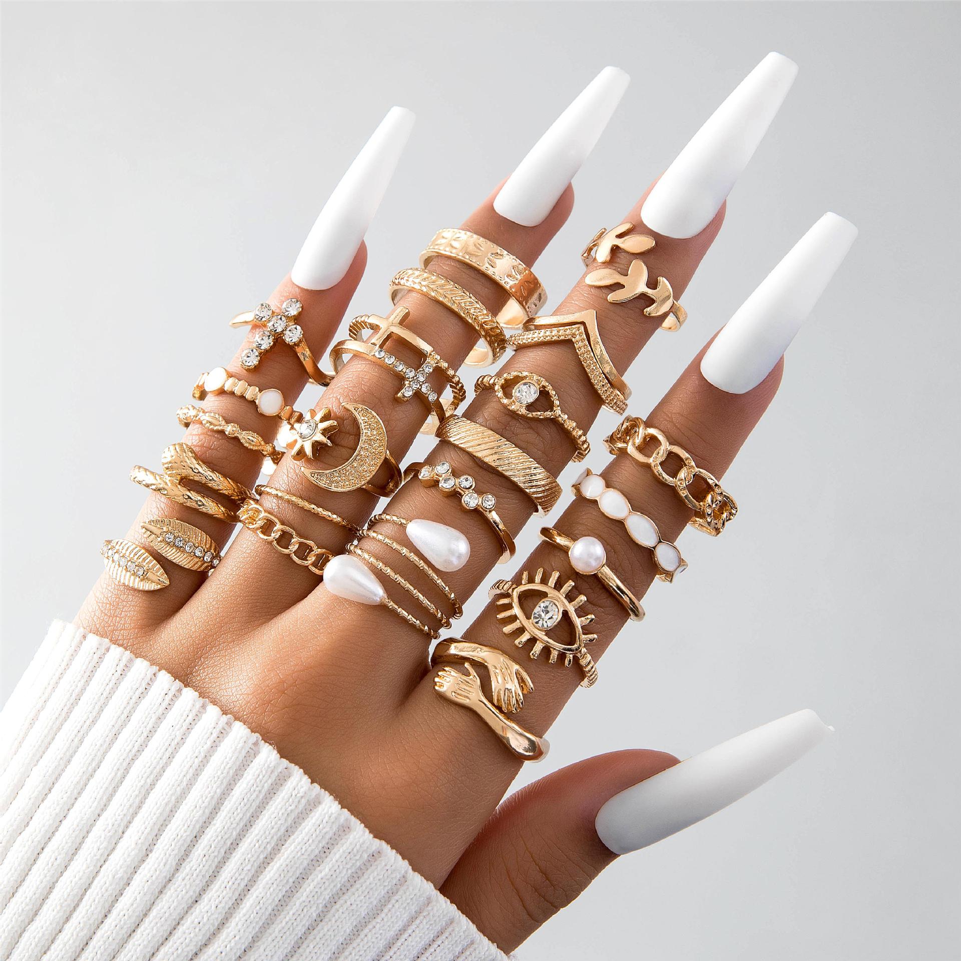 23 Stuks Boho Gouden Kleur Geometrische Knokkel Ringen Ingesteld Voor Vrouwen Oog Kruis Zon En Maan Blad Charme Vinger Ring Vrouwelijke Partij Sieraden