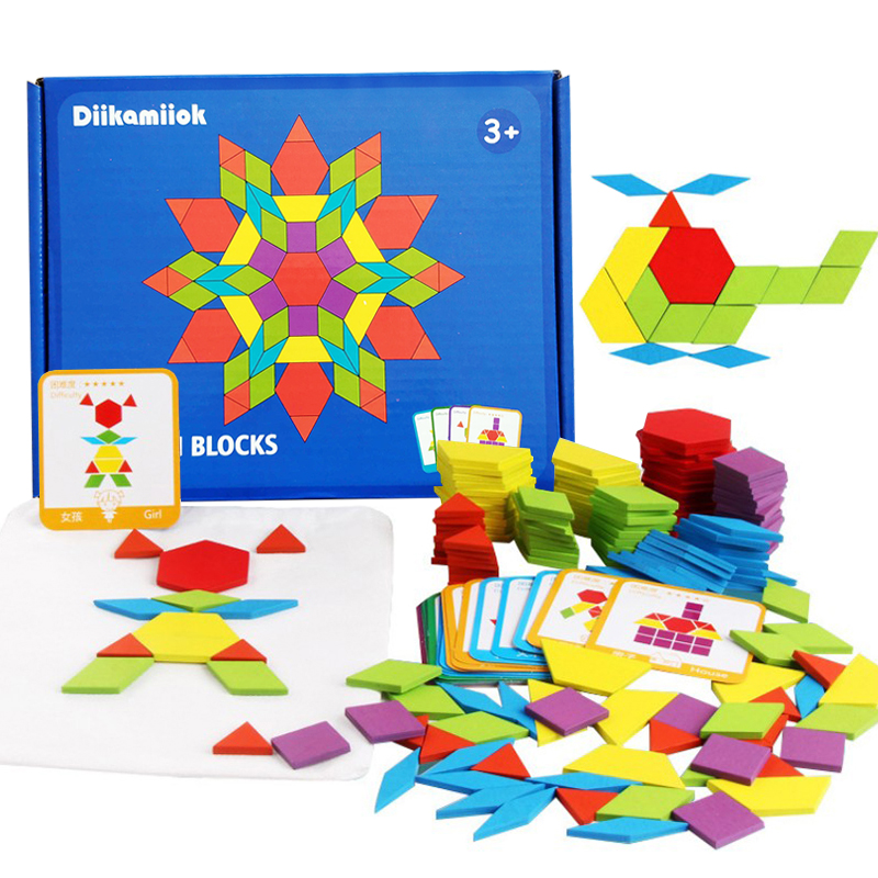 155 Teile/satz Holz Muster Blöcke Geometrische Form Puzzle Baby Pädagogisches Montessori Tangram Spielzeug für Kinder mit 24 Stücke Karte