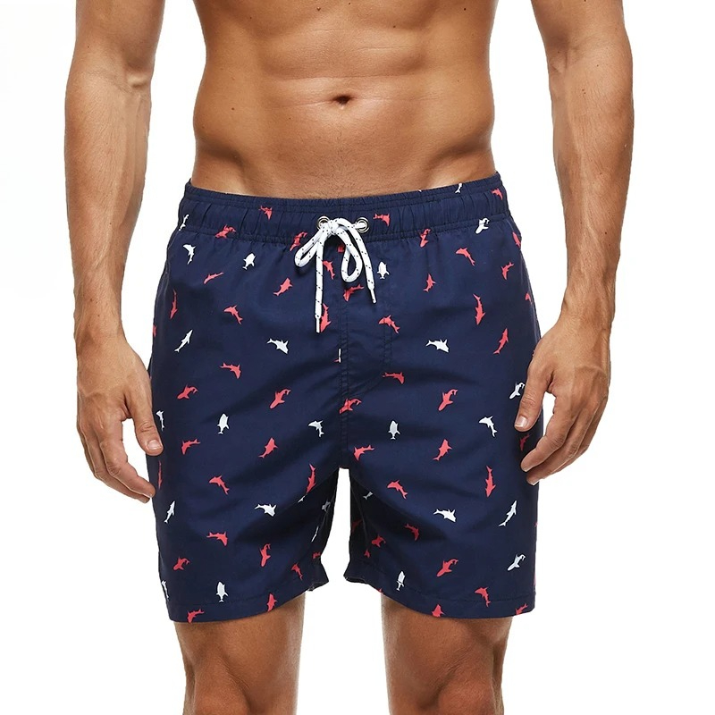 Stylish men's polyester shorts, quick-drying printed beach swim trunks, suitable for surfing and fitness.