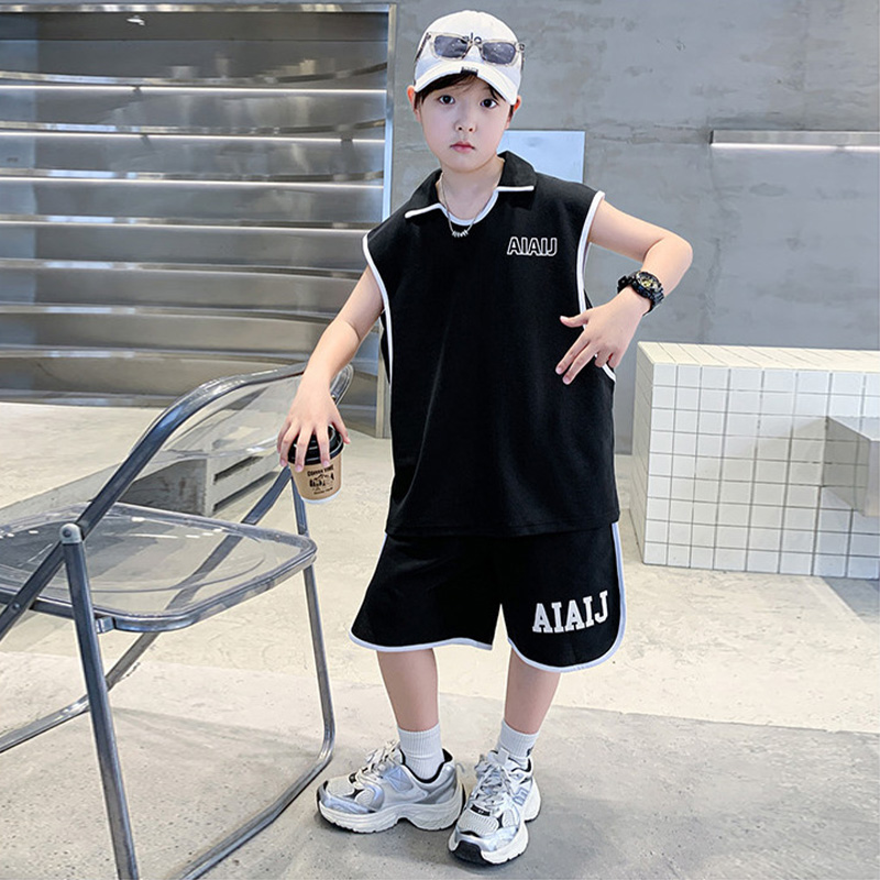 Jongenskledingset Amerikaanse stijl kinderen vintage vest casual sport losse trui mouwloos T-shirt top shorts tweedelige set